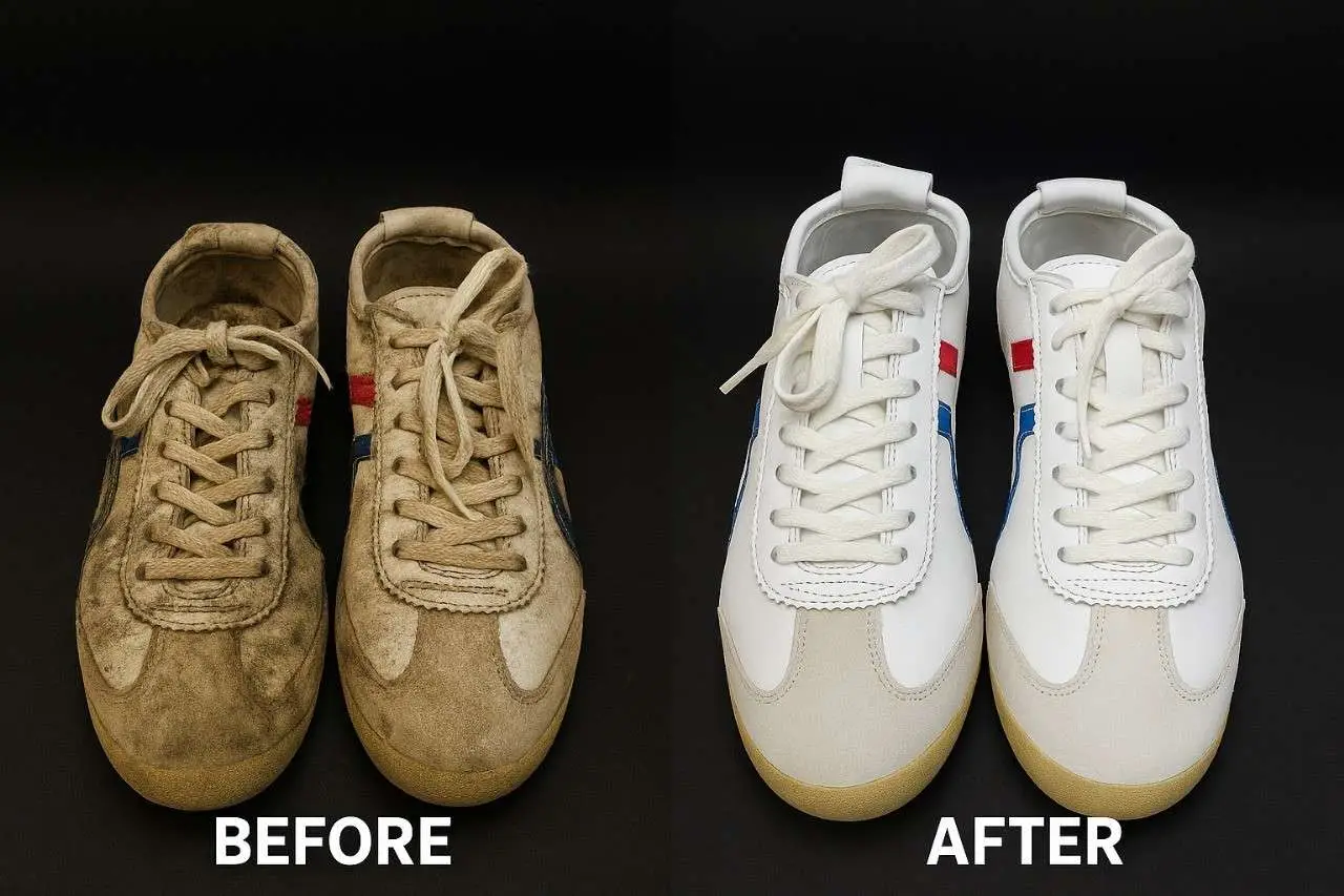 Dirty sneakers before cleaning and same pair fully restored to white and fresh look after professional shoe care.