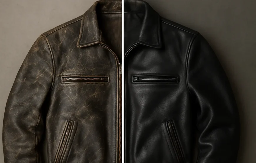 Leather jacket before and after professional cleaning