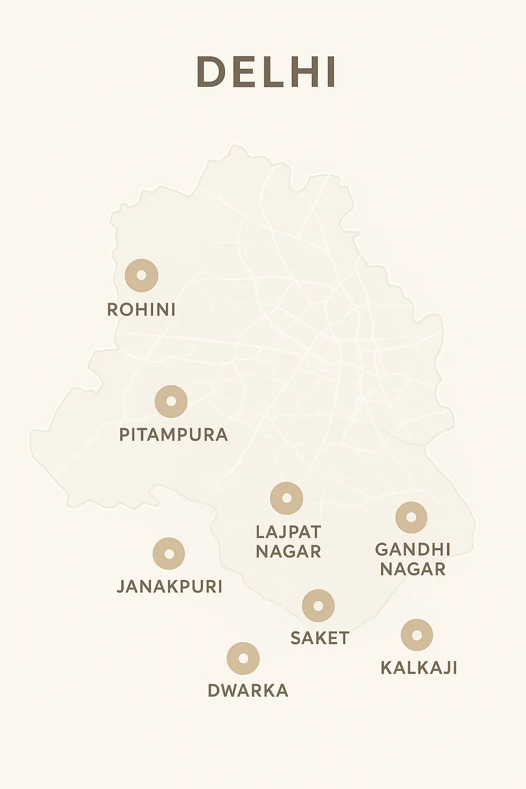 Delhi map showing neighbourhood where Perfect Leather Care provides trolley bag repair service