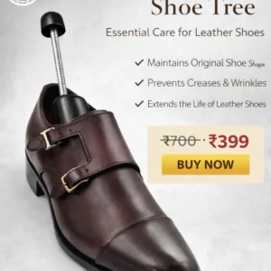 Premium shoe tree inserted in brown leather formal shoe to maintain shoe shape and prevent creases