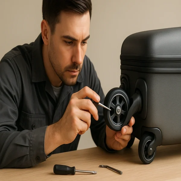 Expert trolley bag repair technician inspecting a luggage wheel in Delhi workshop